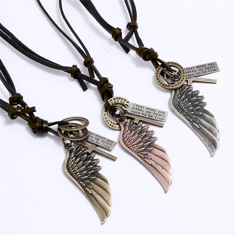 Vintage Angel Wings Necklace Cross Pendants Brown Leather Cord Neck Chain for Women Men Fashion Punk Jewelry