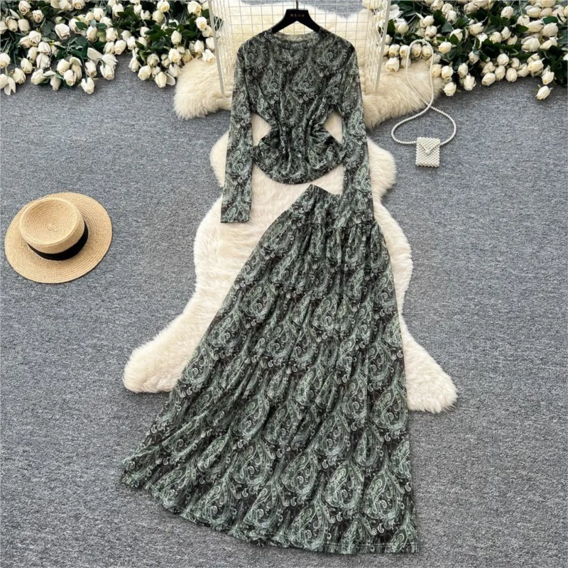 Women Elegant Print Skirt Sets Round Neck Full Sleeve Slim Tops Long Skirts A Line High Waist Autumn Streetwear Two Piece Sets - view 4