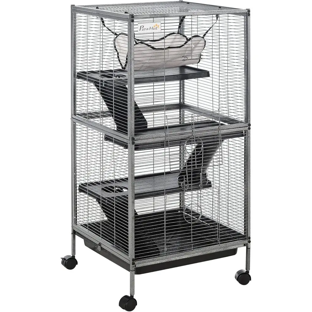 Small Animal Cage, 4-Tiers Rolling Big erret Cage with Hammock, Removable Tray, Suitable for Chinchilla, Sugar Glider, Gray