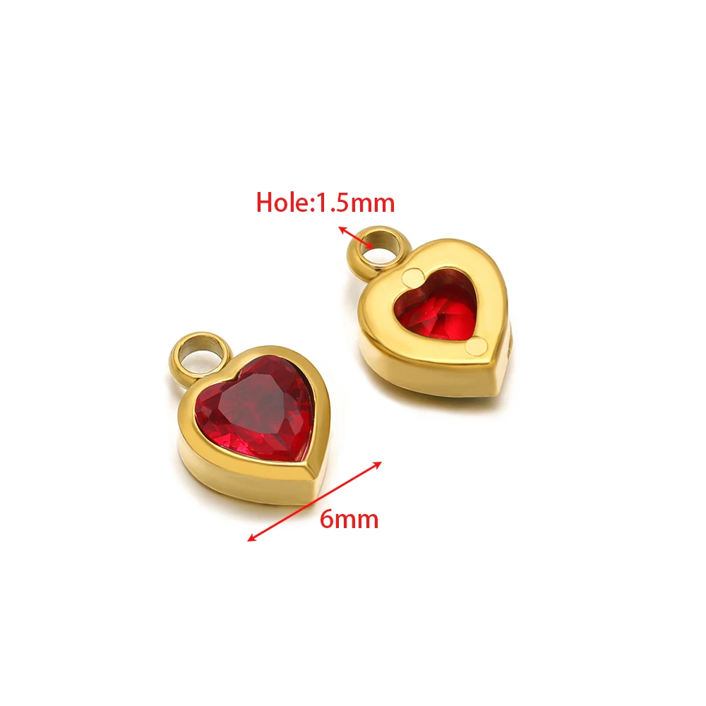 10pcs Stainless Steel Heart Zircon Pendant 6mm Birthstone Charms DIY Jewelry Earring Material Necklace Bracelet Making Wholesale