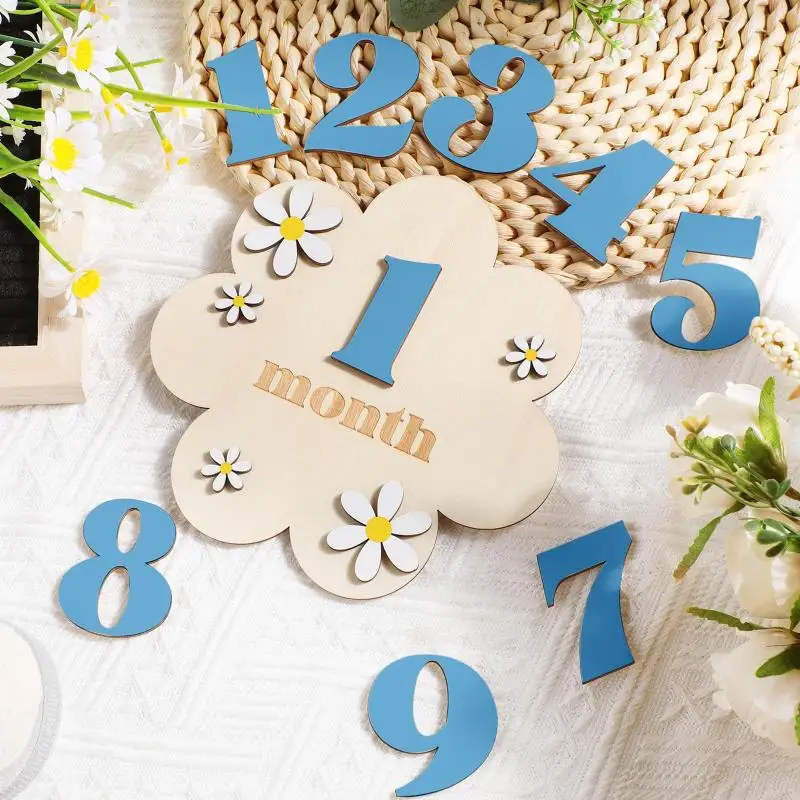 Wooden Baby Milestone Cards Double-Sided Floral Design Monthly Number Months for Girls Boys Newborn Photography Props