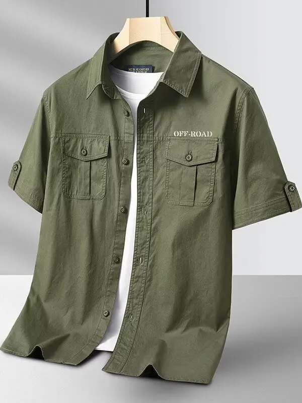 

Loose Fit Short Sleeve Shirt Men's Casual Workwear Summer Cotton Plain Weave Worn Resistant Square Collar Open Cardigan