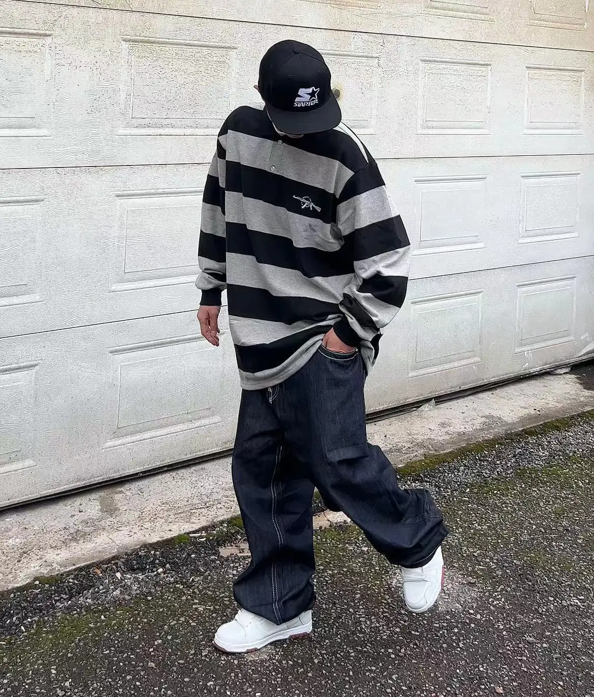 

Американская уличная хип-хоп рубашка свободного кроя оверсайз с оригинальными полосками AK, длинный рукав, повседневная, из хлопка и полиэстера, весна-осень