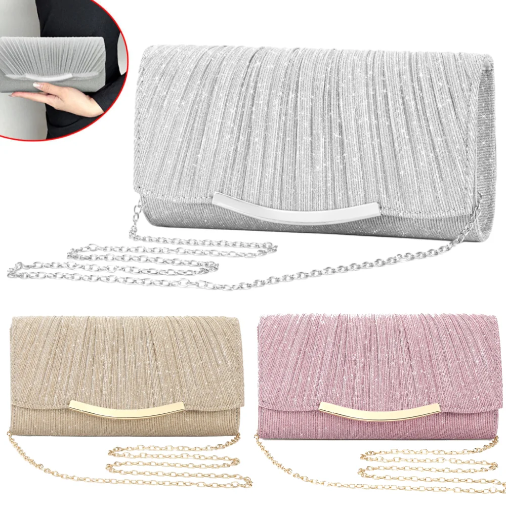 Women\'s Evening Clutch Bag Shiny Glitter Handbag Metal Chain Shoulder Crossbody Bag Luxury Wedding Party Banquet Clutch Purse