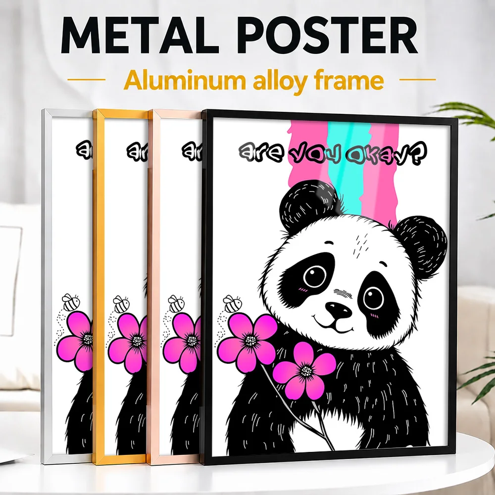 Cute Panda With Flowers And Bee Framed Aluminum Metal Poster Customized Comic Style Wall Art For Living Room, Animal Lover Gift