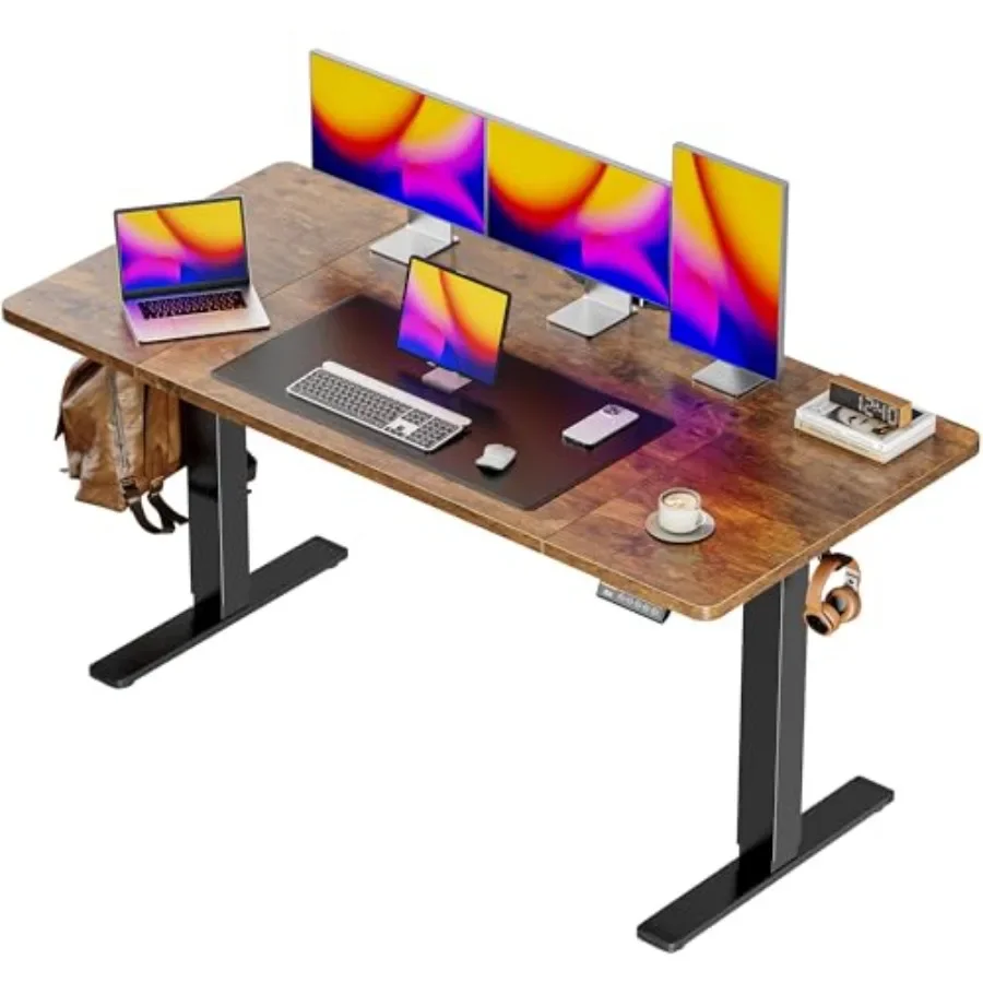 Large Electric Standing Desk for Home Office, Steel Frame, Black, 55 x 28 Inches with 27.6 Depth, 3 Preset Heights, 2 Hooks