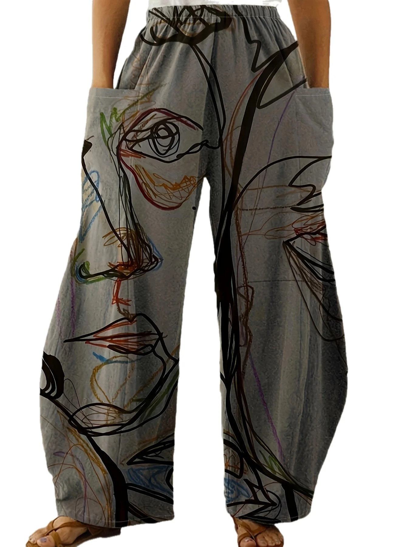 2025 Pantaloni larghi con doppia tasca stampati artistici delle nuove signore, pantaloni larghi con elastico in vita casual, abbigliamento da donna