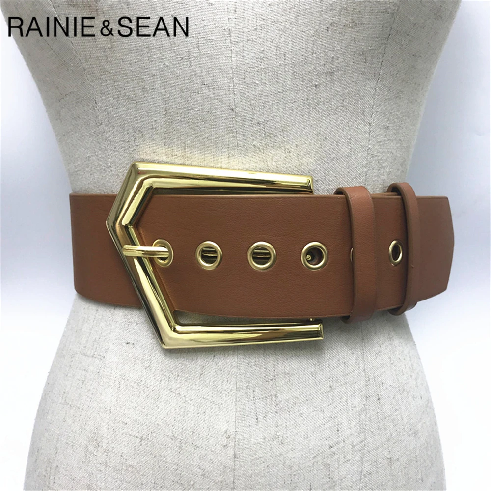 Rainie Sean Vintage Wanita Sabuk Lebar Merah Pinggang Sabuk Wanita Pin Gesper Kulit Imitasi Wanita Celana Belt Aksesoris Pakaian