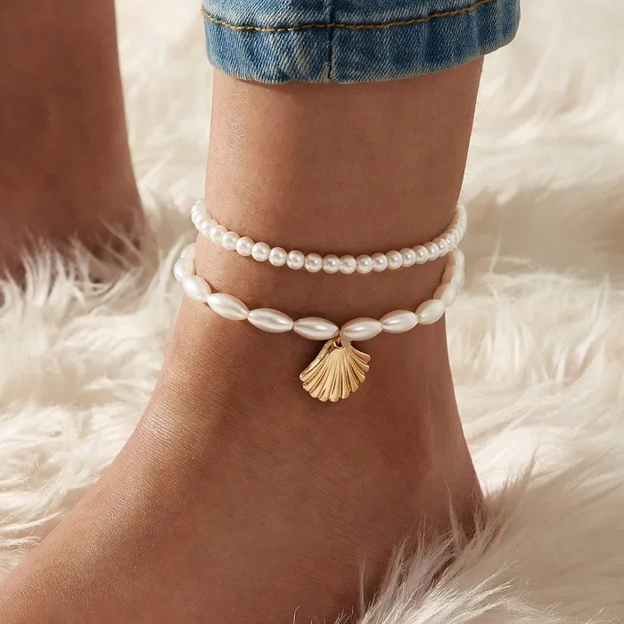 Delysia King   New simple artificial pearl fan shell anklet creative retro foot ornaments