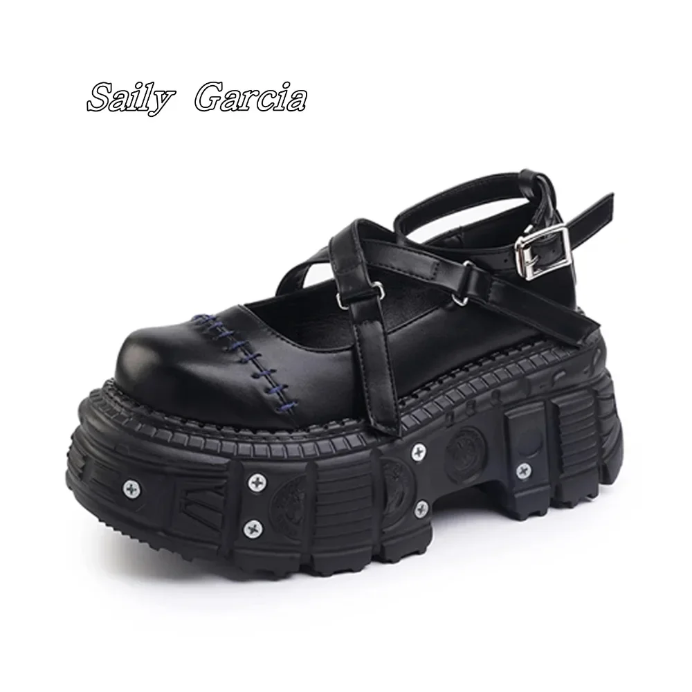 

Genuine Leather Buckle Strap Thick Bottom Sandals Summer New Cross Belt Platform Shoes Metal Punk Hollow Mary Jane Shoes