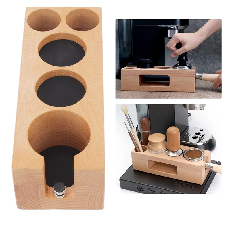 Espresso Tamper Holder Station, 5 Hole Non Slip Wooden Espresso Tamper Mat Stand Tamper Station Wooden Base with Mat