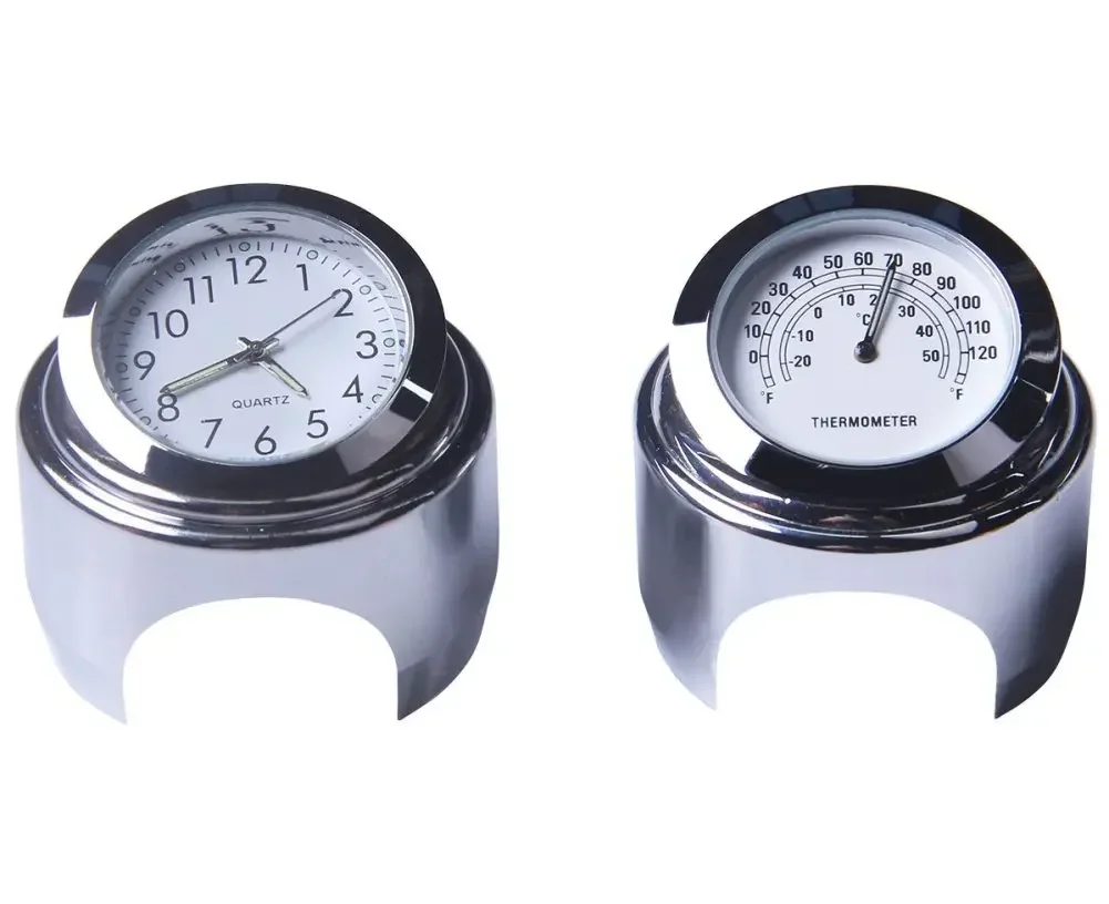 2pcs 22-25mm Motorcycle Handlebar Clock Thermometer Luminous Waterproof Dial Motorbike Handlebar Mount For Yamaha Kawasaki Etc