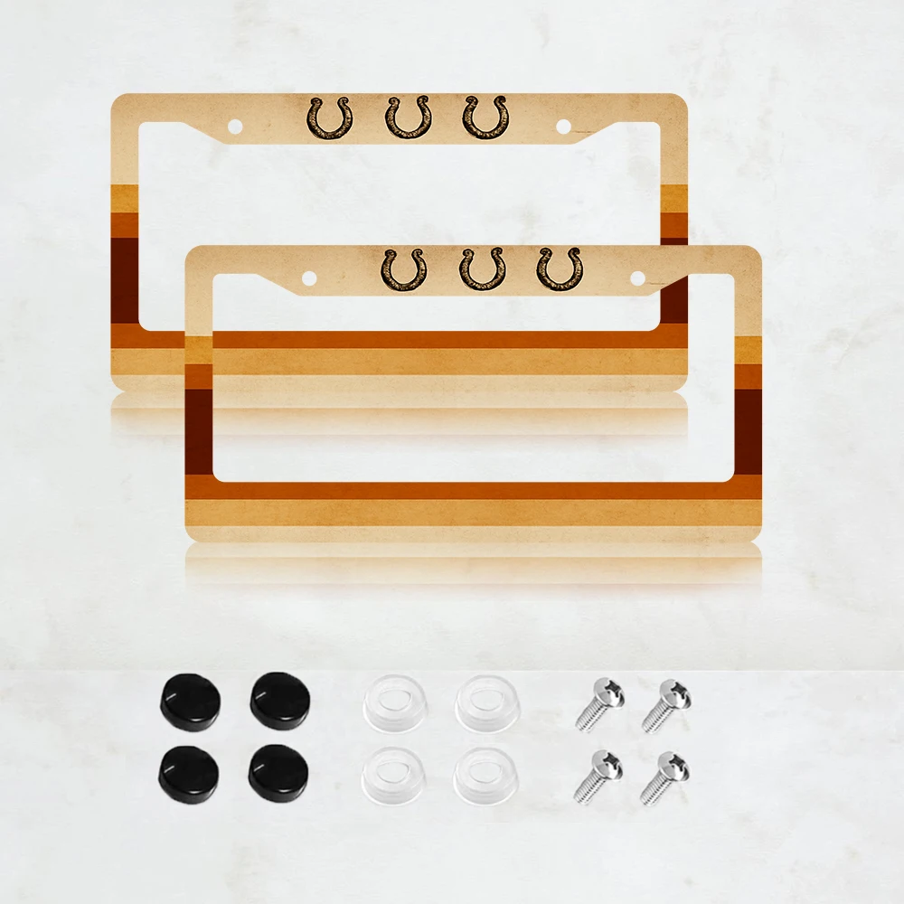 

2PC Retro Aluminum License Plate Frame with Horseshoe Design, 6x12 Inches, American Standard Size, Brown and Beige Stripes