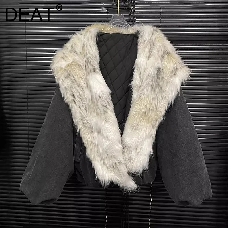 DEAT Fashion Fur Collar V-neck Contrast Color Cotton-padded Coats For Women Hooded Warm Jacket Female 2024 Winter New 11A02145