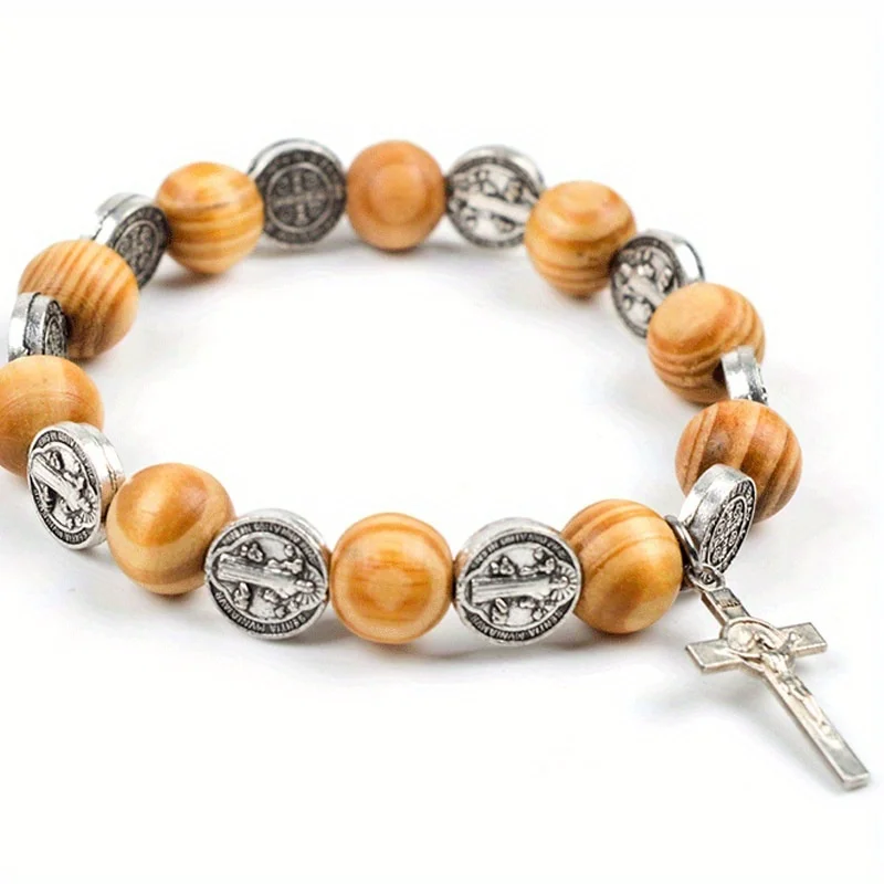 Natürliche Massivholz Elastische Draht Legierung Saint Religiöse Rosenkranz Armband Männer Frauen Katholischen Jesus Christus Schmuck Pulsera R-372