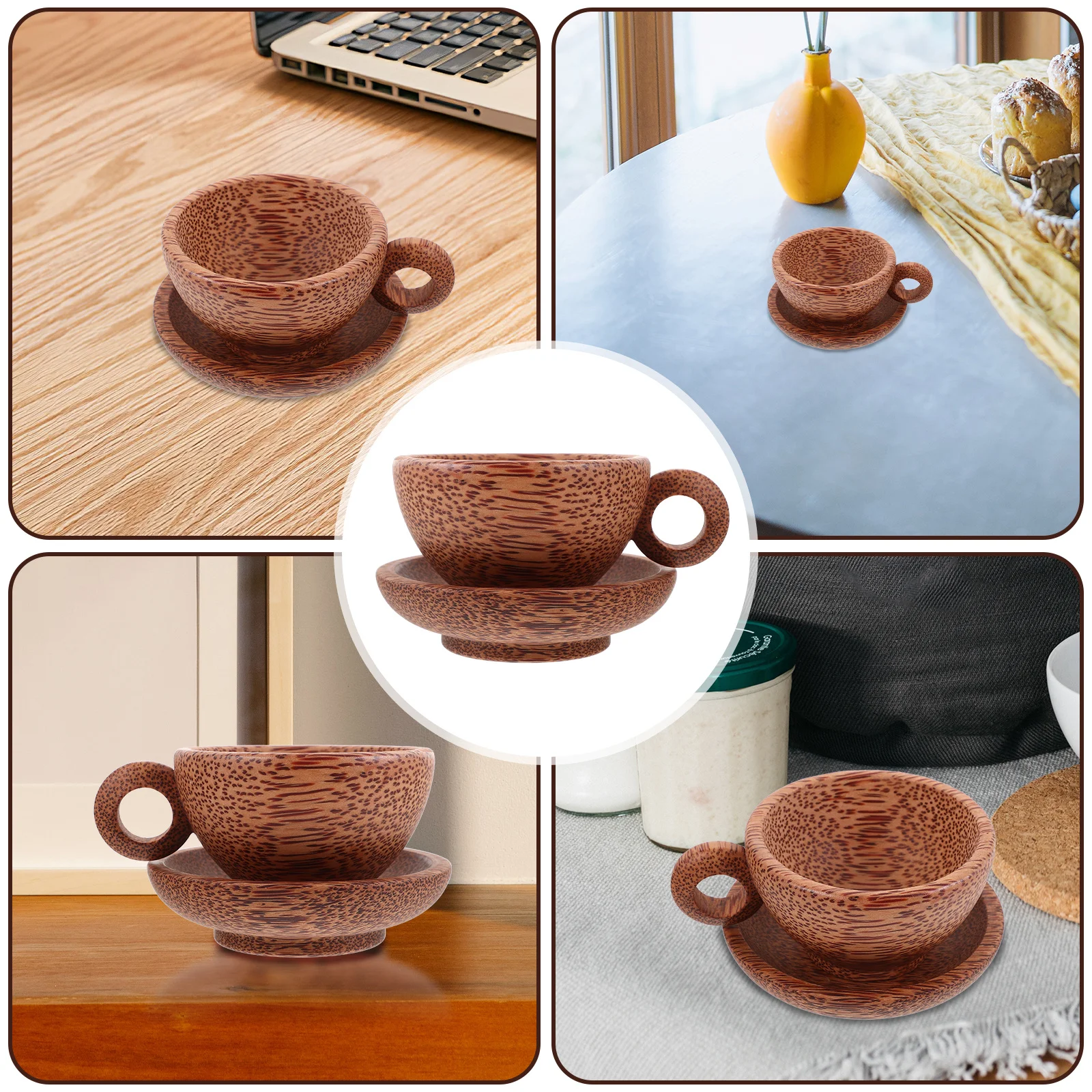 

1 Set Coconut Wood Cup With Handle Round Tea Coffee Mug Natural Wooden Drinking Cup For Home Office Saucer Kitchen Bar Accessory