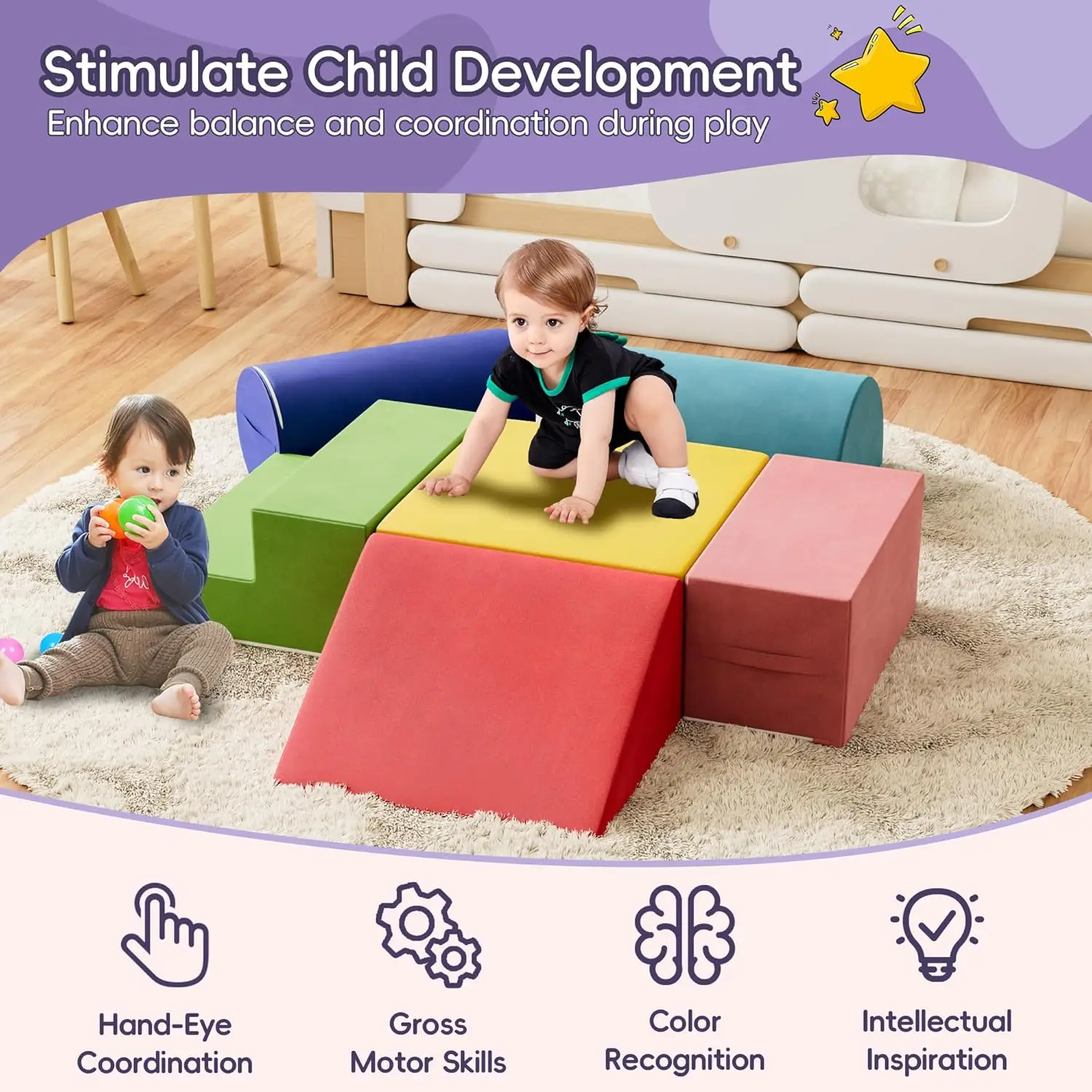 幼児用フォームクライミングブロック6個、ハイハイと滑り用の超高密度フォーム付きベビークライミングジム、屋内ソフト