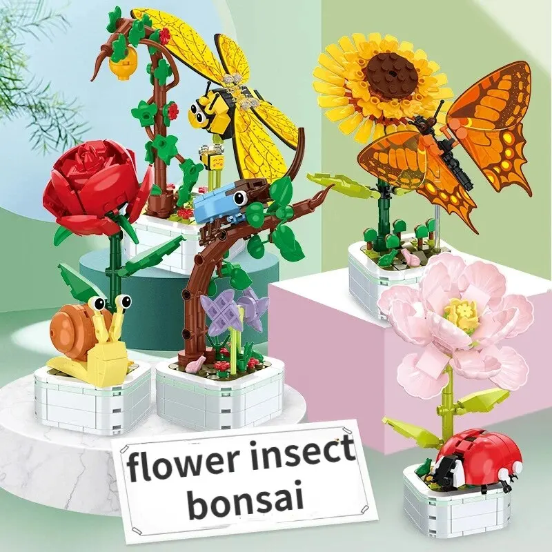 Insect Flower Potted Building Blocks Succulent Bouquet Bricks Model Creative Decoration DIY Assemble Toys Girls Children Gifts