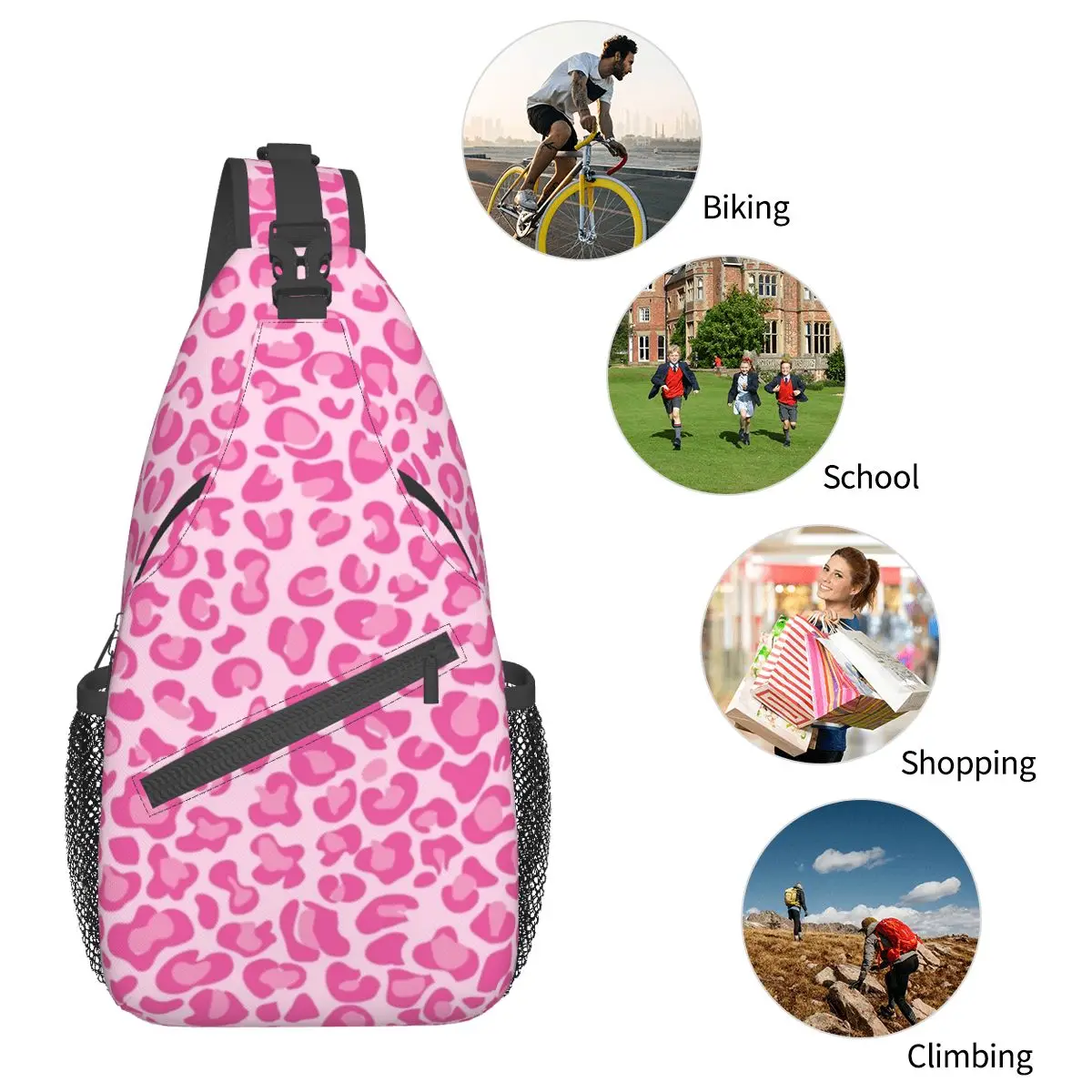 Pink Leopard Crossbody Sling Bag Pattern Chest Bag Cheetah Animal Spot Shoulder Backpack Daypack Travel Hiking Camping Satchel