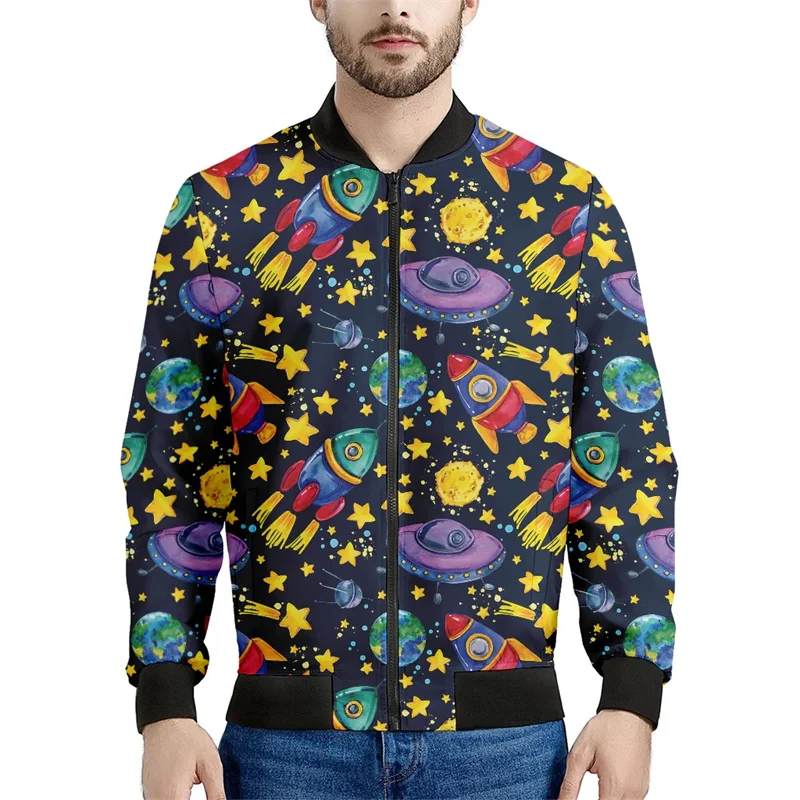 Cartoon Rockets Pattern Jacket For Men Women Twinkly 3D Printed Coat Casual Harajuku Oversized Kids Zipper Jackets Long Sleeves