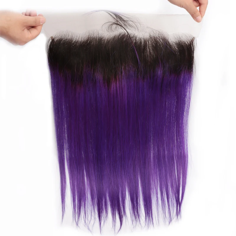 Straight Human Hair Bundles With Lace Frontal T1B/Purple Bundles With Frontal Free Shipping Peruvian Remy Hair  Pre-plucked