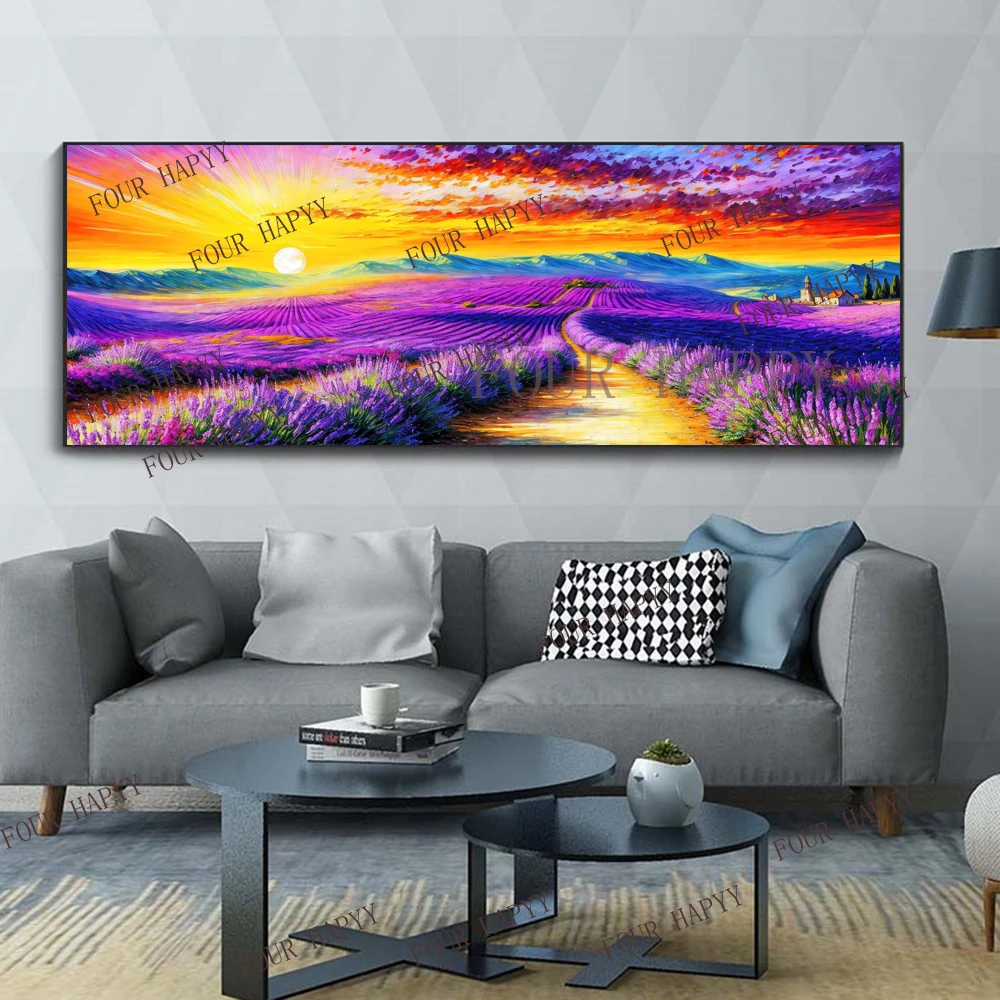 5D DIY Large Diamond Painting Cross Field Lavender Sunshine Landscape Wall Art, Full Round Drill, Embroidery Home Decor