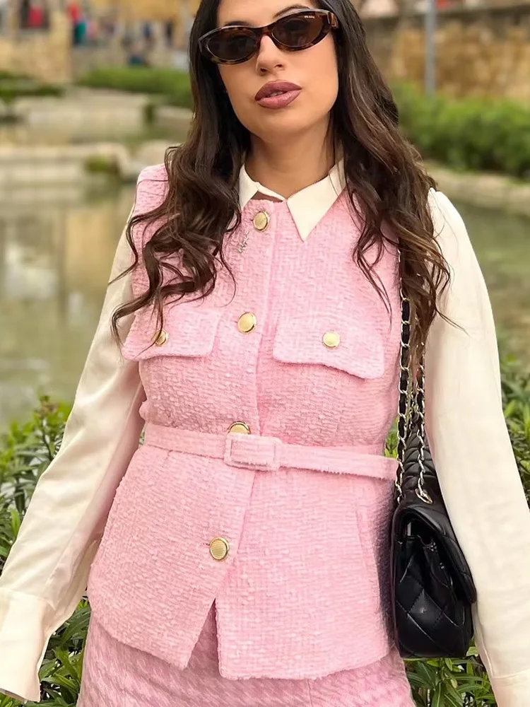HH Women Elegant Chic O-Neck Sleeveless Texture Vest Top Woman Button Pockets Decoration Casual Slim Waistcoat Top Mujer
