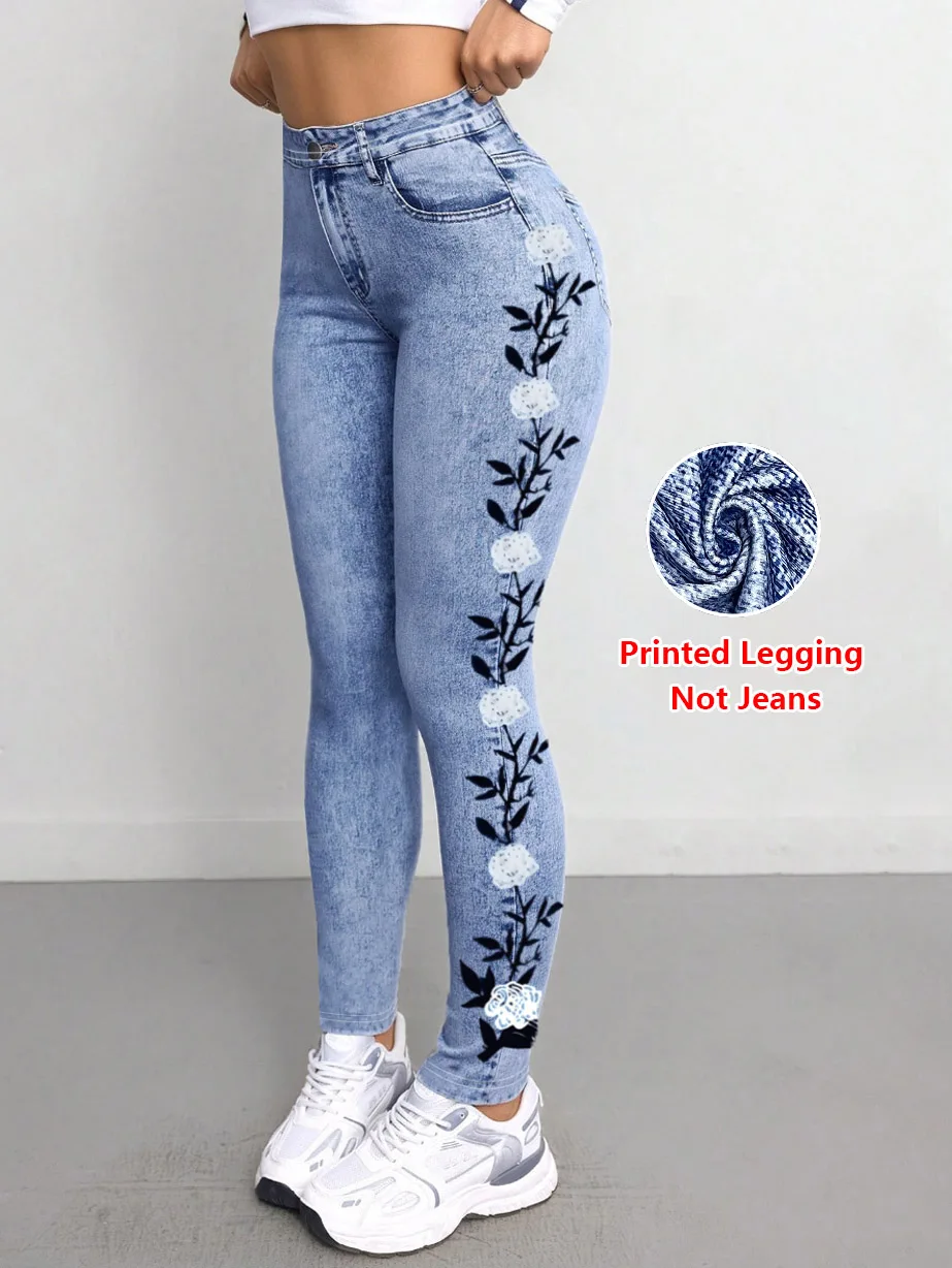 1209  Ladies' Non-Leather Denim-Like Printed Trousers 2D Embroidery Effect Stretch Pants All-Season Fashion Bottom Wear