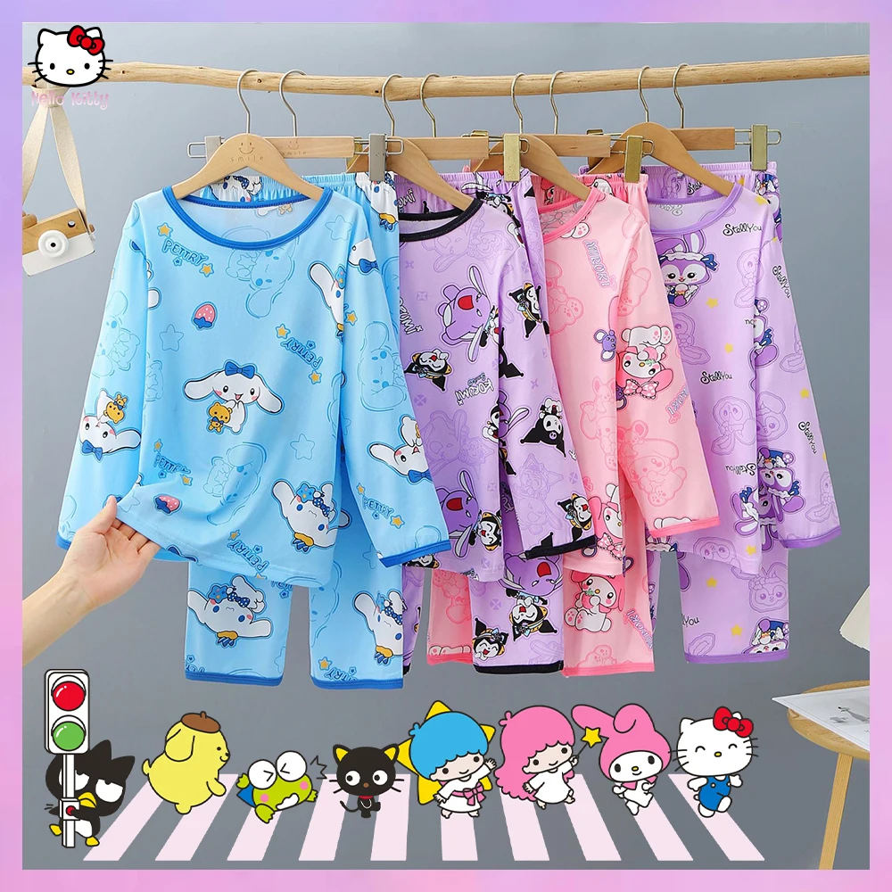 Anime Sanrioed Children's Pajamas Kuromi Cinnamoroll Melody Long Sleeve Kawaii Kids Summer Thin Style Cartoon Boy Girl Homewear