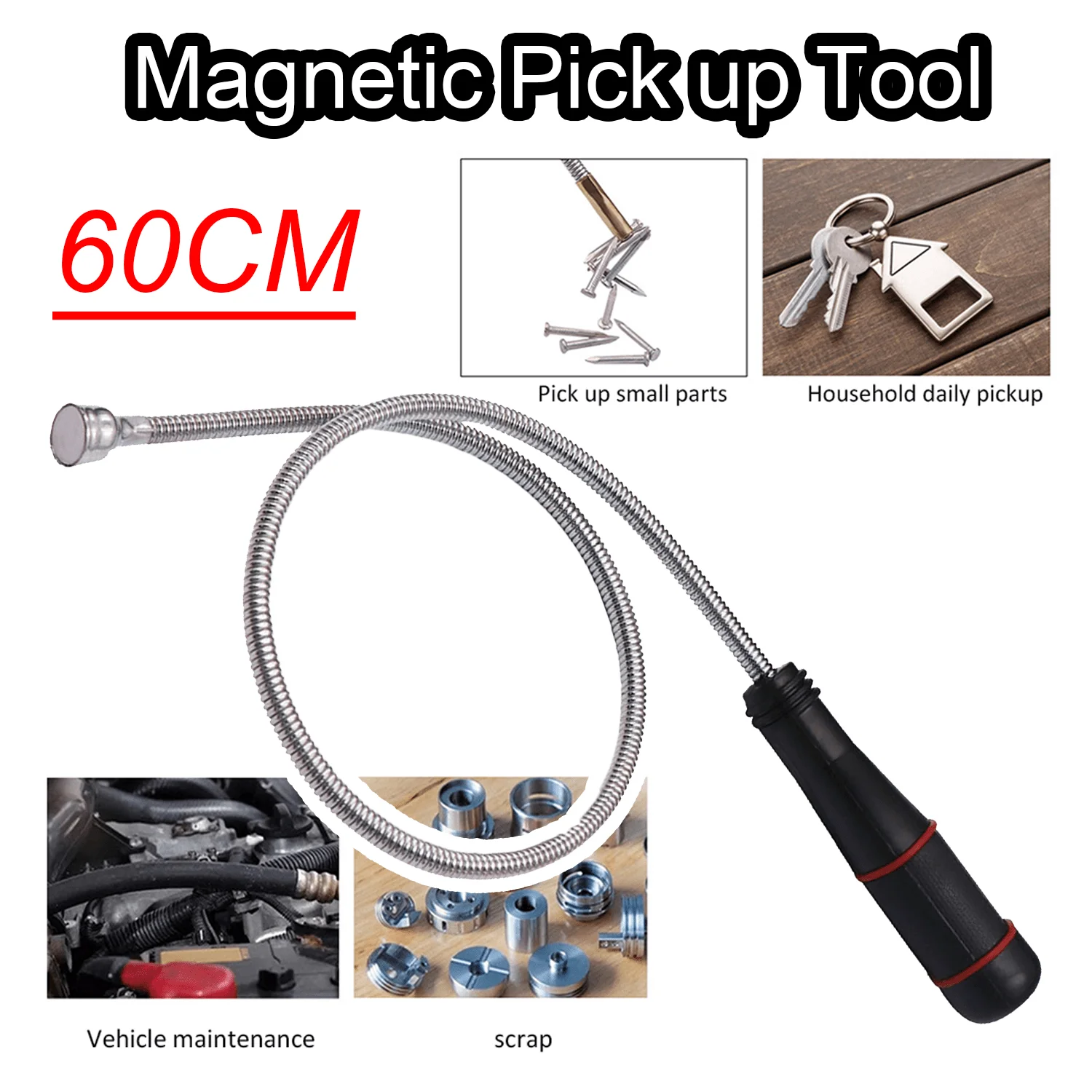 Foldable Strong Magnetic Pickup Tool , Metal Bar Spring Grabber Pickup Rod Tool for Car Screws Nuts Keys Metal Debris