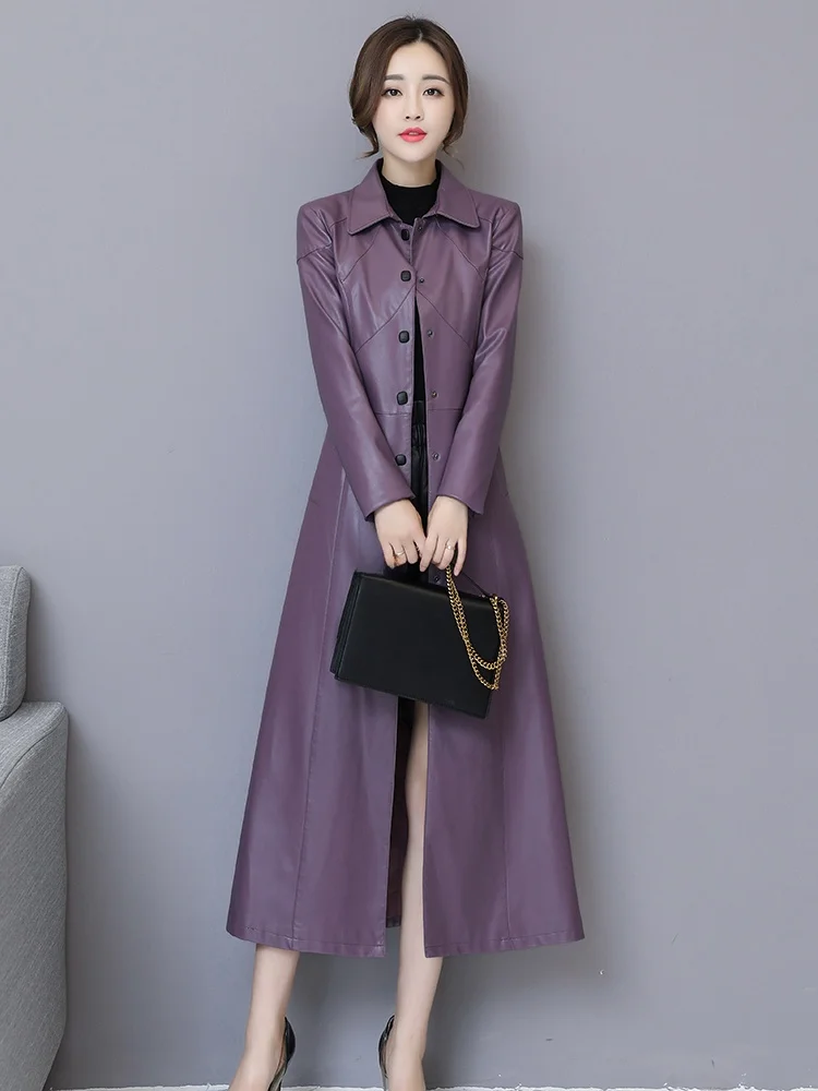 2025 Spring New Sle Women's Long Over-Knee eepskin Leather Jaet Slim Fit Korean Version Coat Trendy Commute Windbreaker