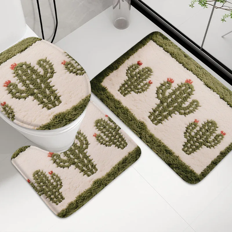 3pcs Plant Flower Bathroom Floor Mat Household Toilet Lid Mat U-Shaped Absorbent Carpet Bathroom Door Mat Bathtub Anti Slip Mat