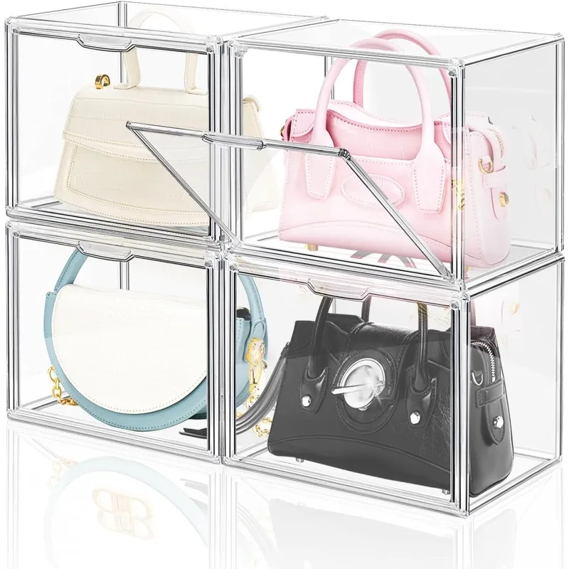 Transparent plastic handbag storage box for wardrobe, stackable storage box,