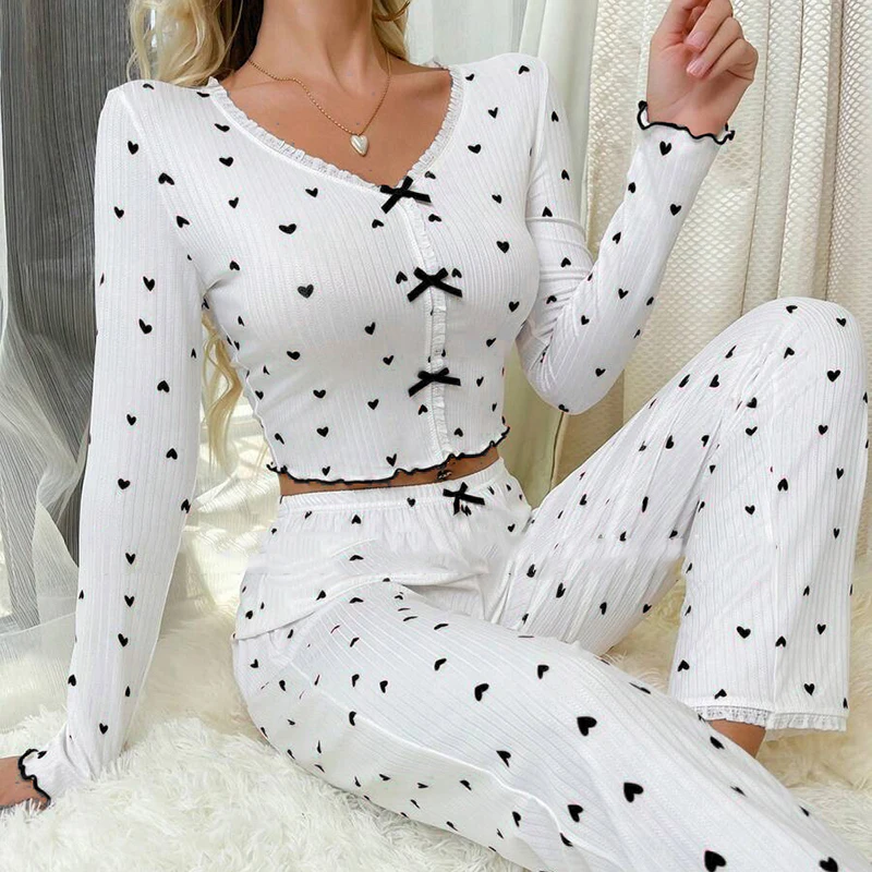 Autumn Women\'s Pullover Pajama Set Sexy Lace V-neck Bow Sleepwear Heart Print Long Sleeves &Trousers Nightwear Loungewear Outfit