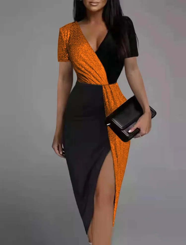 2024 bright color national wind high waist pure color temperament commuter skirt short-sleeved waist dress