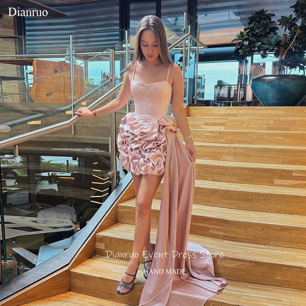 

Dianruo Ruffled Hem Girly Prom Gowns Mini Asymmetrical Birthday Dress Sleeveless Spaghetti Straps Homecoming Dresses Customized