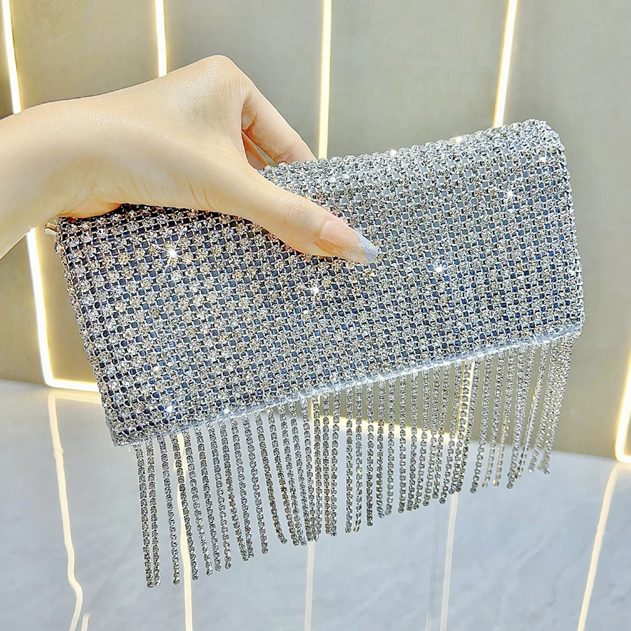 

Женский клатч с бриллиантами, серебряный кошелек на цепочке, вечерняя сумка, вечерняя сумка на плечо, банкетные сумки, сумка для ужина с кисточками, сумка