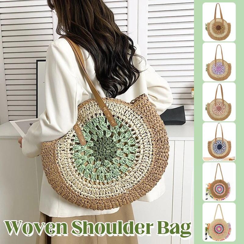 Summer Handmade Woven Beach Underarm Bags Women's Large Capacity Tote Bag Ethnic Style Round Straw Weaving Fashion Shoulder Bag