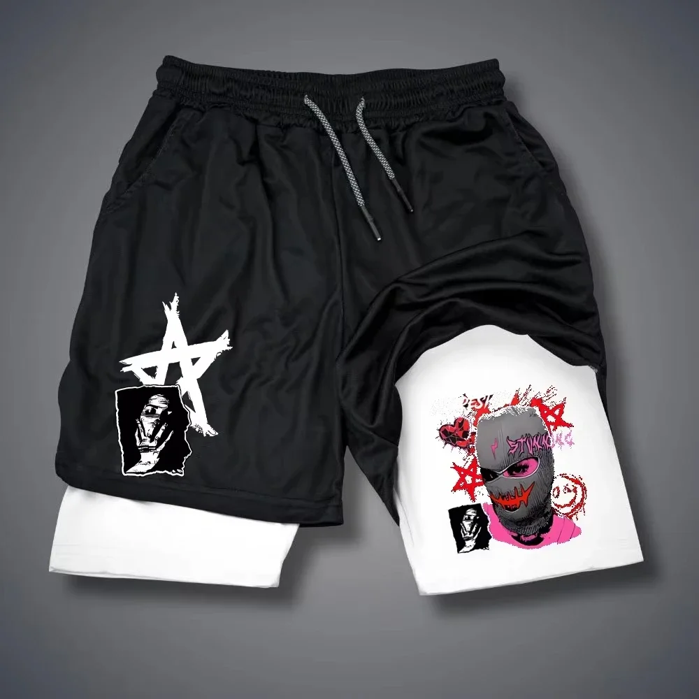 

2025 летние мужские спортивные шорты 2-в-1 с принтом звезд, дышащие быстросохнущие спортивные шорты для бега и фитнеса, Techwear