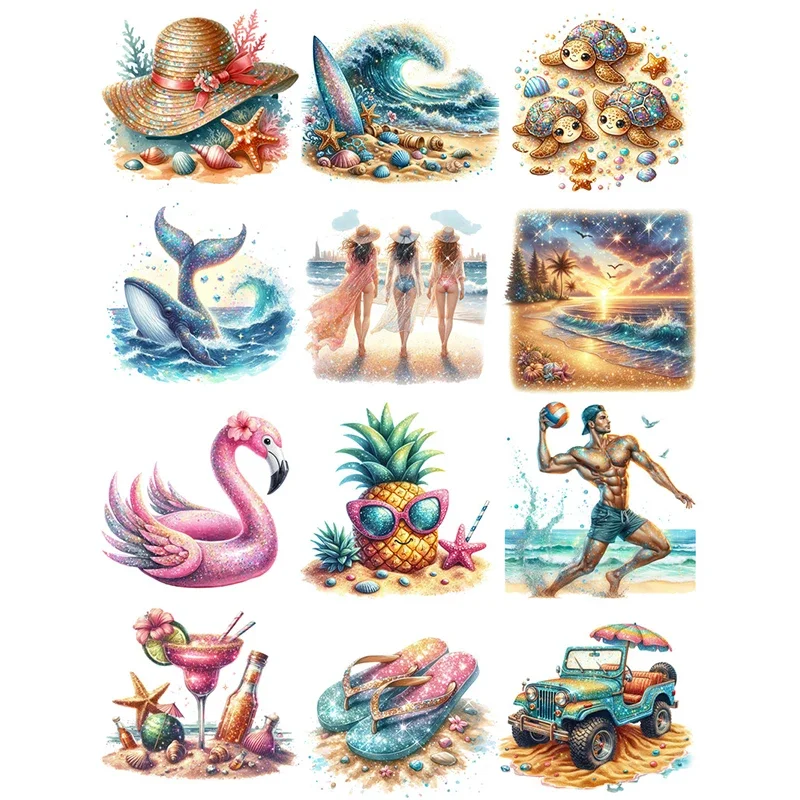 12Pcs/Pack Sparkling Seaside Vacation Sticker DIY Craft Scrapbooking Album Junk Journal Decorative Stickers