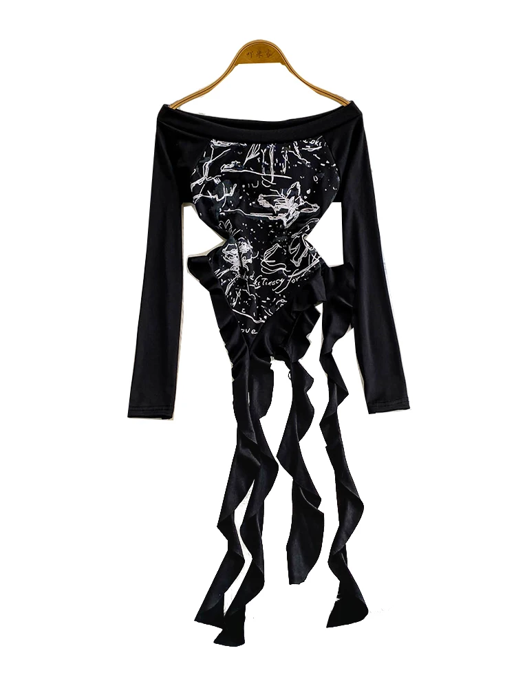 섹시한 아메리칸 스타일 긴팔 원숄더 티셔츠 여성용 독특하고 우아한 프린트 비대칭 밑단 슬림핏 탑