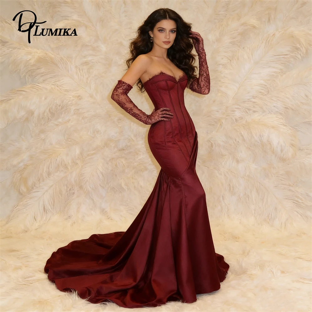 

Strapless Satin Formal Dress Corset Lace Trim Mermaid Train Gown Formal Engagement Banquet Chic Stylish Outfit No Sleeves