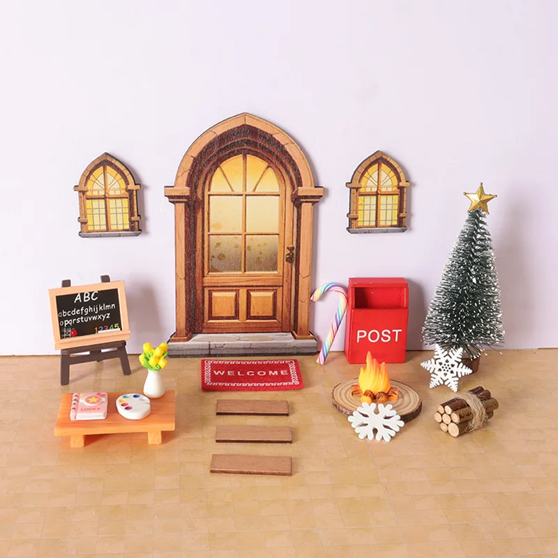 

Miniature Dollhouse Christmas Porch Decor Set, DIY Xmas Scene Accessories with Santa, Tree & Fairy Door for Pretend Play