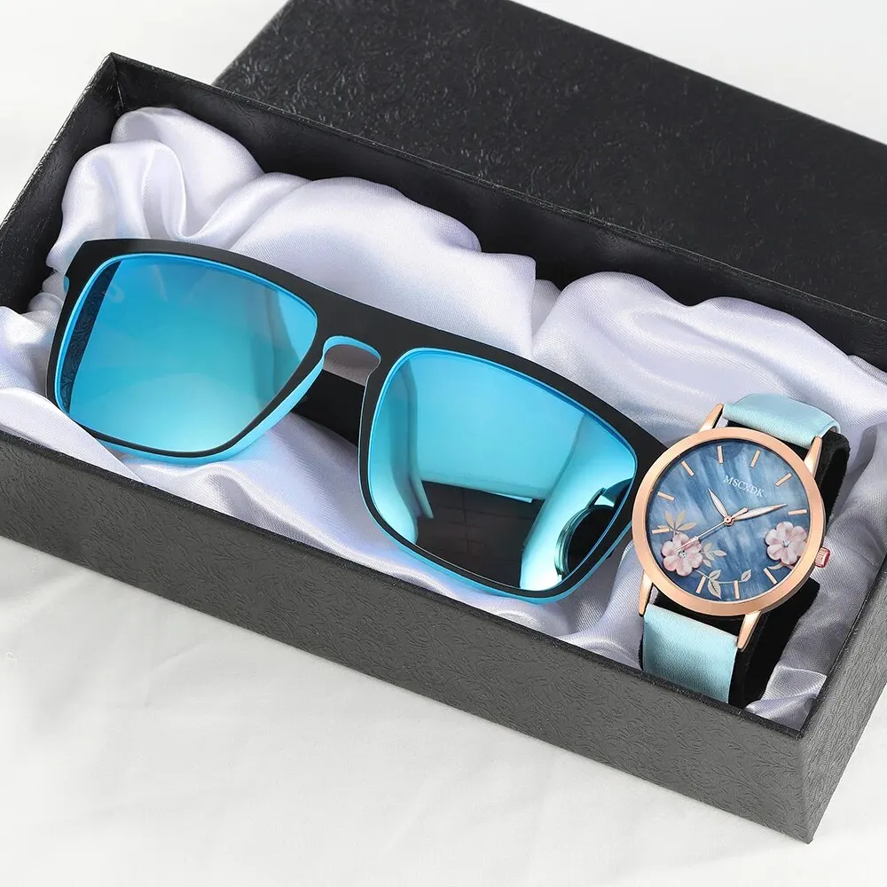 Women Simple Fashion Flowers Watch Leather Quartz Wristwatches Sunglasses Set Female Glasses Dress Clock Montre Femme