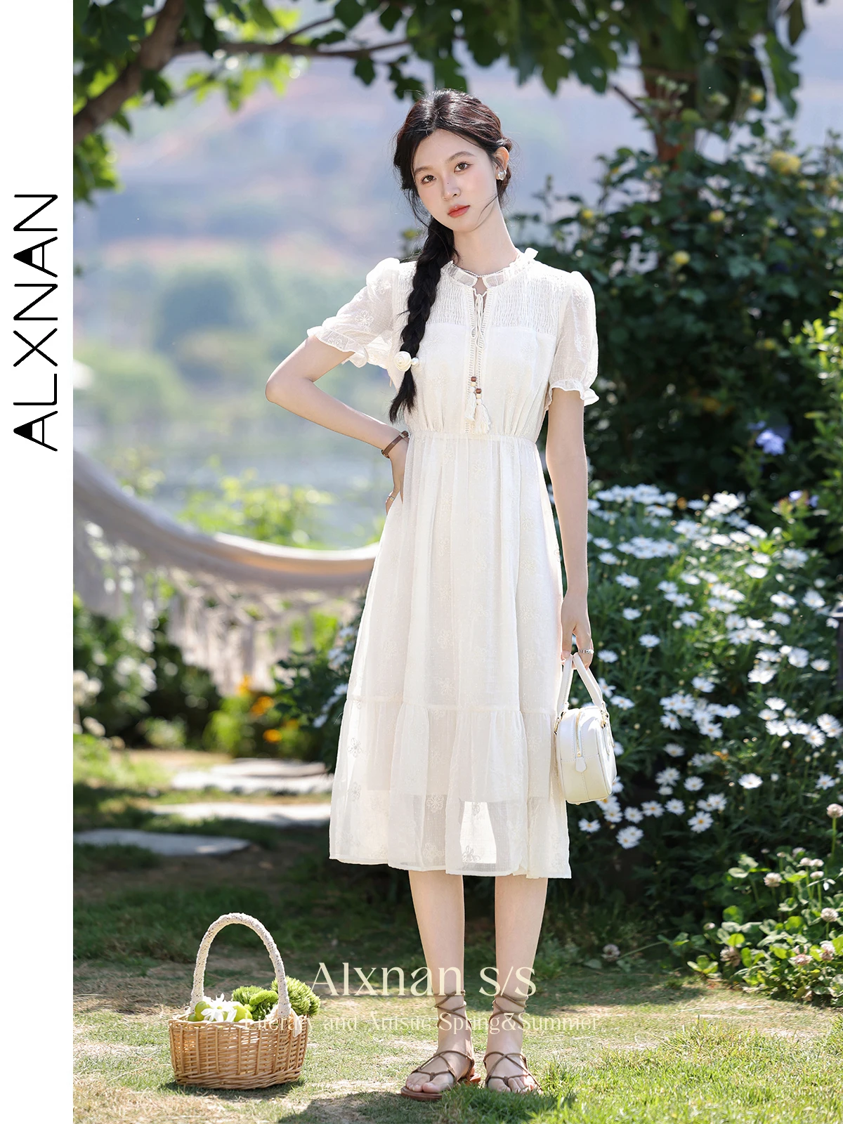 ALXNAN Elegant Lace Long Dresses for Women 2024 Summer New Mesh Puff Short Sleeve Smock French Temperament Lace-up Dress L36606