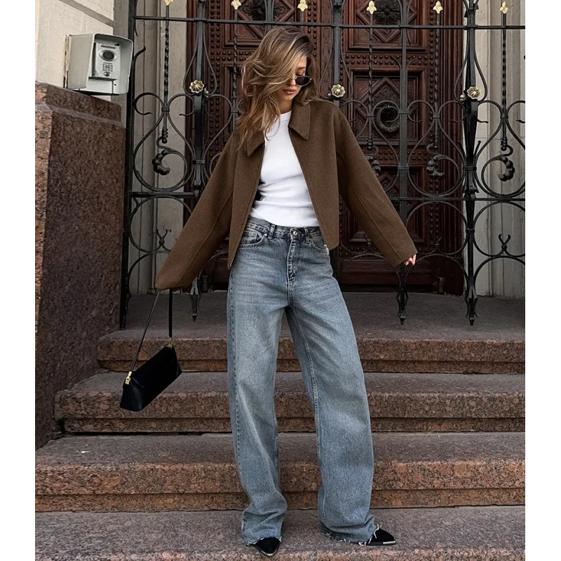 Autumn and winter fashion lapel long-sleeved zipper woolen coat 2024 European and American loose casual jacket