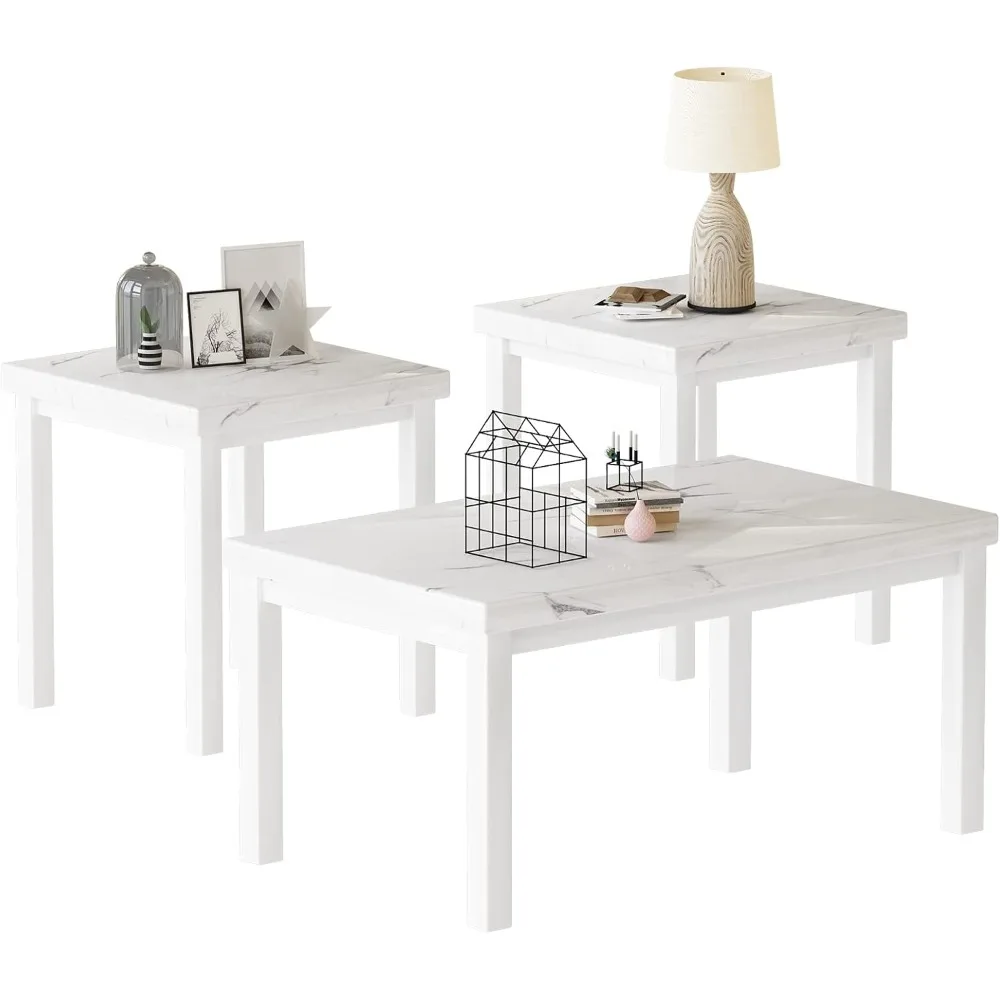 

Coffee Table Set of 3, Modern Living Room Table Set, Faux Marble Coffee Tables and End Tables Sets, Simple & Stylish Cent