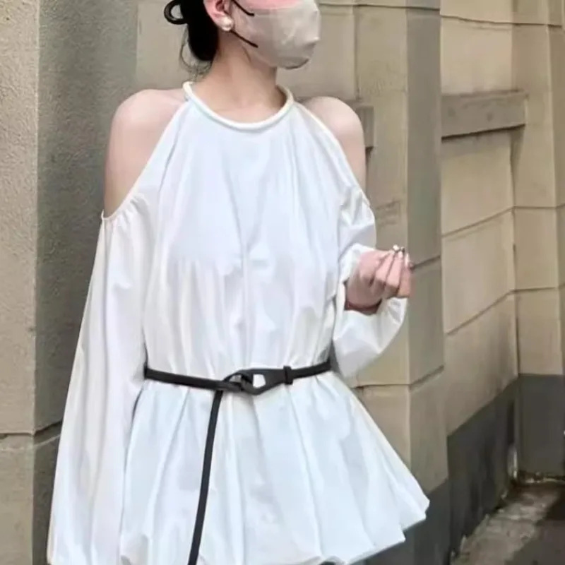 

Elegant White Off Shoulder Blouse Women 2025 Fall New Fashion Chic Long Sleeve Shirt Top Unique Stylish Casual Korean Outfit