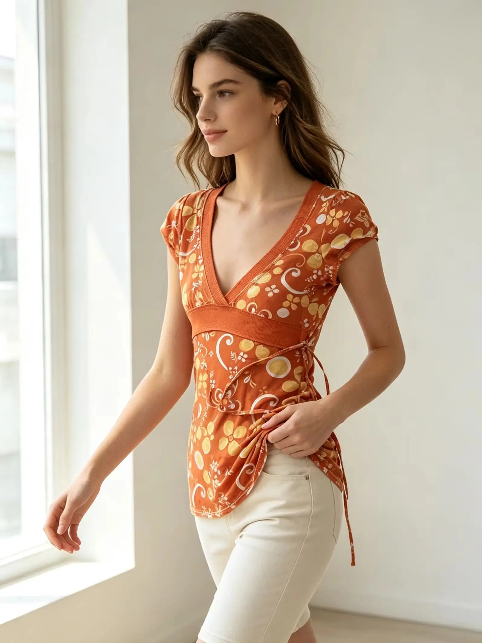 Vintage Orange Floral Side Tie Wrap Top Women Deep V Cap Sleeve Slim Long Tunic Blouse Summer Bohemian Casual Streetwear Shirts