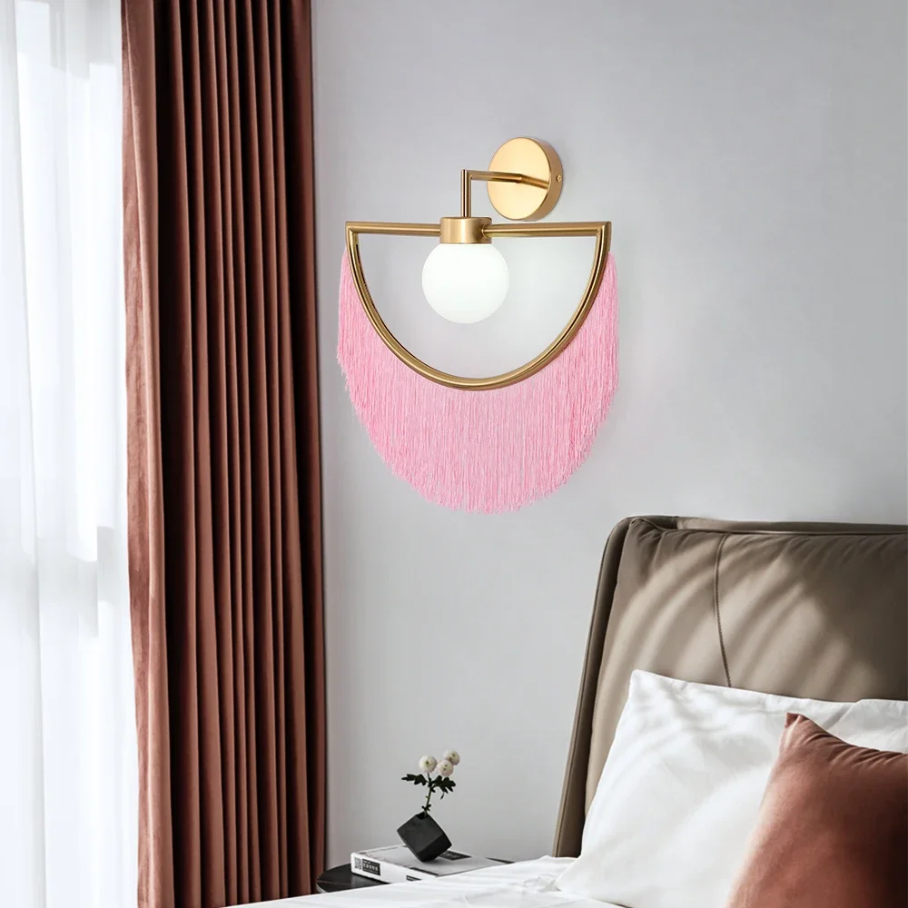Nordic Designer Tassel Glass Ball Wall Lights Fix Pink Lamp Ins Hot Girl Wall Sconces For Living Room Bedroom Hotel Led Fixtures
